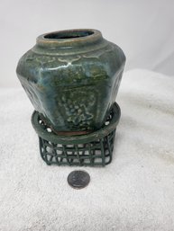 Vintage Chinese Green-Glazed Hexagonal Ginger Jar W/small Stand