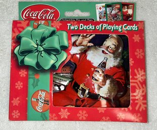 2 Decks Of Collectible Christmas Coca Cola Cards In Collectors Tin, With 2 Mystery Card Decks