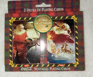 2 Decks Of Collectible Christmas Coca Cola Cards In Collectors Tin, With 2 Mystery Card Decks