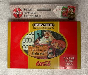 2 Decks Of Collectible Christmas Coca Cola Cards In Collectors Tin, With 2 Mystery Card Decks