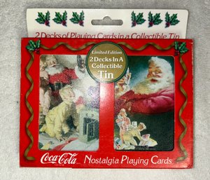 2 Decks Of Collectible Christmas Coca Cola Cards In Collectors Tin, With 2 Mystery Card Decks