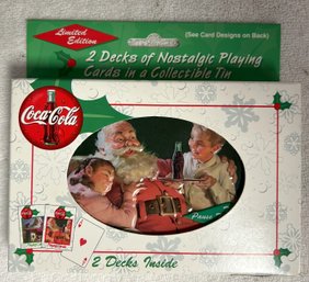 2 Decks Of Collectible Christmas Coca Cola Cards In Collectors Tin, With 2 Mystery Card Decks