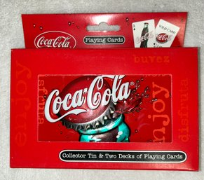 2 Decks Of Collectible Christmas Coca Cola Cards In Collectors Tin, With 2 Mystery Card Decks