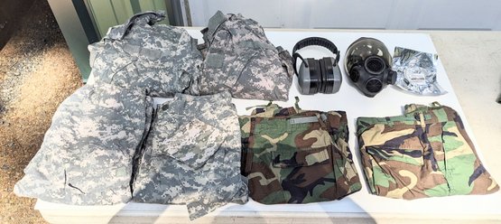 Military Lot: Uniforms (Desert & Woodland Camo), Gas Mask With Filter & Ear Protection
