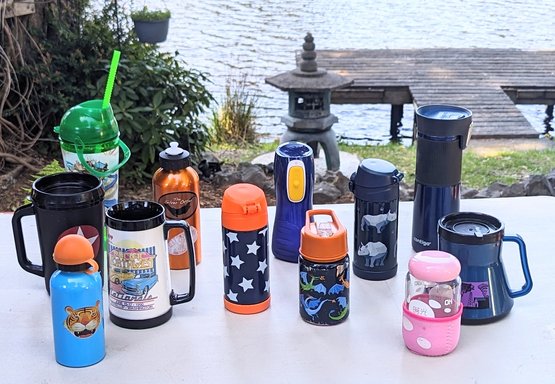 Assorted Travel Mugs / Beverage Bottles & Cups - Group Of 12 Plastic & Metal