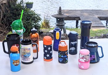 Assorted Travel Mugs / Beverage Bottles & Cups - Group Of 12 Plastic & Metal