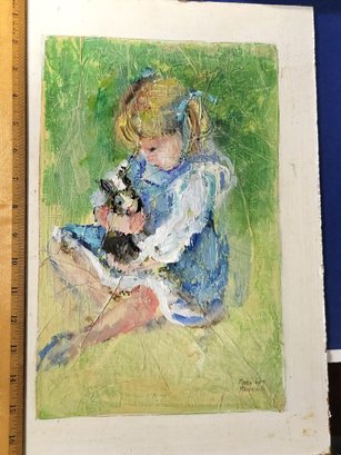 American Impressionist Art- Mary Lou Manning- Girl With A Rabbit- Mixed Media Fine Image- Unframed
