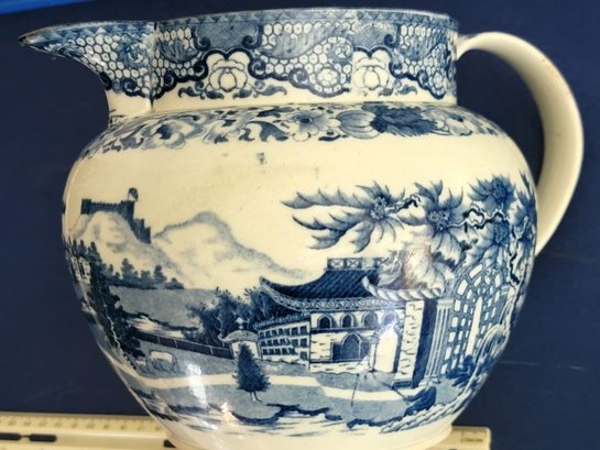 Early English Chinoiserie Blue And White Transfer Print Jug, Unmarked Except For An Impressed Ring In The Base