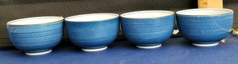 4 Asian Blue And White Tea Cups With Peony Flower In The Center, Signed