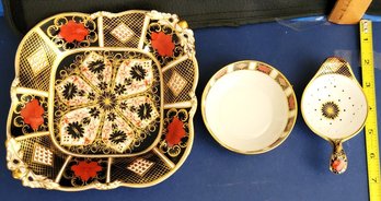 Royal Crown Derby Matched Set Of Plate, Tea Strainer And Slop Pot (for Tea Remains And Excess) Nice!!