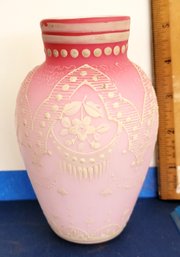 An Early Hand Blown Two Color (Pink And White) Glass Vase With External Added Porcelain Hand Decoration