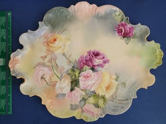 17 Plus Inch Hand Painted Roses Porcelain Tray. Unmarked But In Excellent Condition