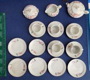 21 Pieces Including Lids, Miniature Porcelain Hand Painted Roses And Gold Gilded Partial Tea Set