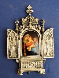 1850-1890 Silverplate Bronze Stand With Angels, Church Doors And Porcelain Image Of Raphael's Mother-child
