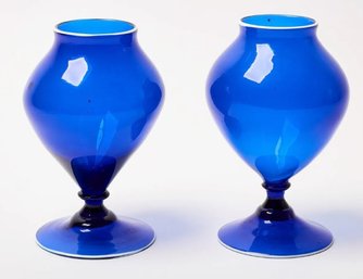 Antique Cobalt Blue Matched Pair Hand Blown Vases With White Glass Trim On Upper And Lower Rims