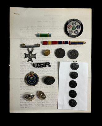 Antique And Vintage Military Lot Pins Medals Bars Buttons  Soldiers Monologue USR Navy Sharpshooter Etc