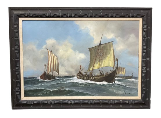 Vintage Oil On Board Painting Of A Viking Ship Signed Anton
