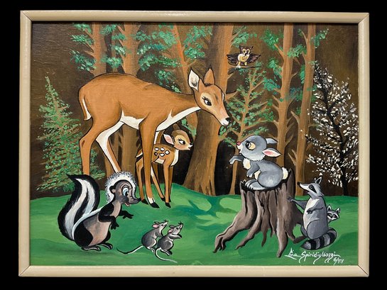 Vintage Bambi Oil Painting Signed Lina Spiridigliozzi