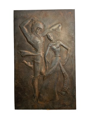 Vintage Kitsch 1970 Pressed Copper Decorative Wall Panel Of Dancing Couple