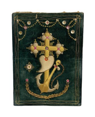 Antique Hand Embroidered Sailors Valentine On Velvet With Metallic Thread
