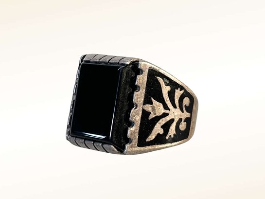 Large Mens Onyx And Enamel Sterling Ring
