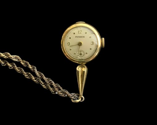 Antique Or Vintage Womens 10K Rolled Gold Sussex Mechanical Pendant Watch On Chain Running Condition
