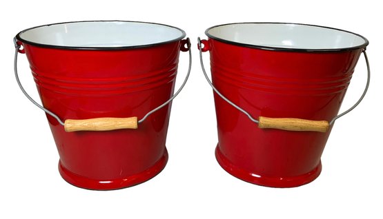 Pair Of Bright Red Enamel New/Old Stock Pails Great For Planters