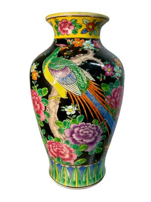 Tall Meiji Japanese Vase With Pheasant And Flowers