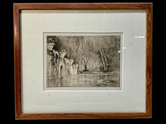 Antique Etching Of Pond Scene With Swans
