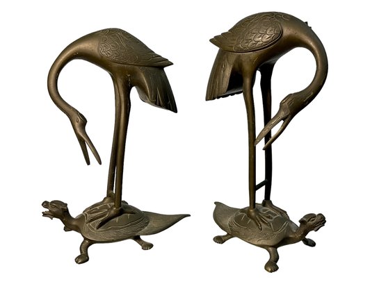 Pair Of Brass/Bronze Cranes On Tortoises