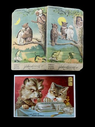 Two Antique Victorian Advertising Cards Featuring Animals