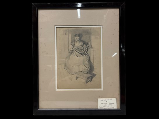 Antique Pencil Sketch Of Woman Sewing By Horace Burdick