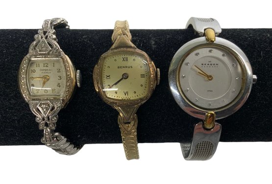 Three Vintage Womens Watches Benrus Imperial And Skagen