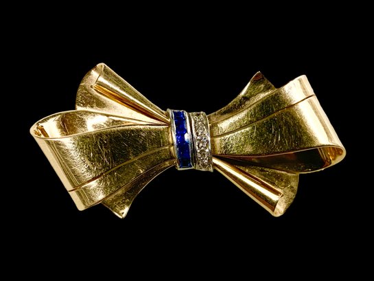 14K Yellow Gold Bow Form Brooch With Tanzanite And Diamonds 8.2 DWT Omega Mark