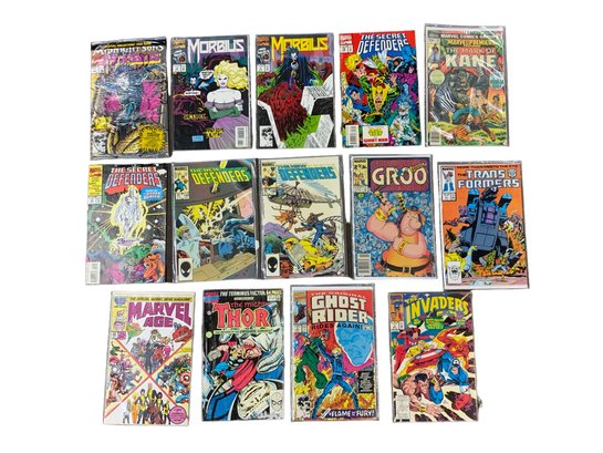 Various Vintage Comics Morbius Ghost Rider Invaders Transformers Mark Of Kane Groo Defenders Etc