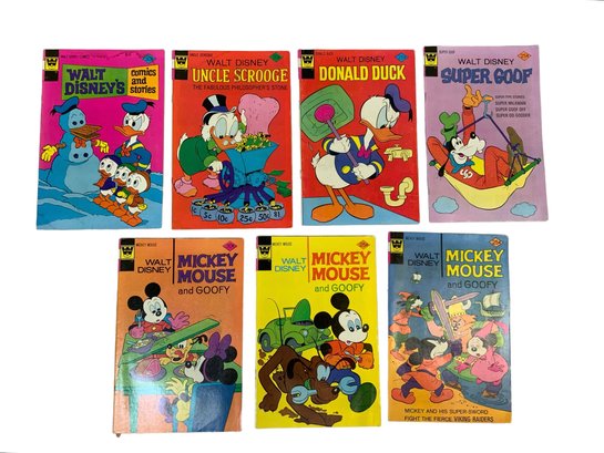 Seven Vintage 1970s Whitman Walt Disney Mickey Mouse Donald Duck Comics 25 Cents Uncle Scrooge Super Goof