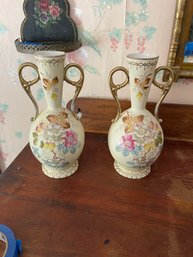 Pair Of Antique Carlsbad Victoria Austria Hand Painted Vases 12 Inches Tall