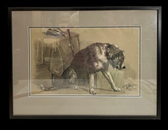 Antique Drawing Of Big St. Bernard ? Dog Signed I. M. Marsh 1933