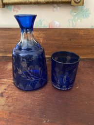 Vintage Or Antique Cut To Clear Water Decanter And Glass