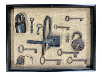 Frame With Display Of Large Forged Antique Locks And Keys