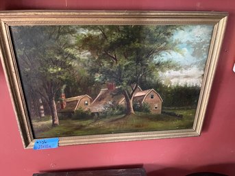 Lovely Antique Oil Painting On Canvas Country  Farm Scene 23 X 15