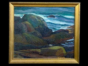 Parker S. Perkins Rocky Seascape Oil Painting On Board Cape Ann Artist Circa 1942