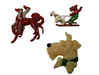 3 Antique Plastic Dog Pins