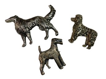 Three Vintage Metal Dog Pins, Saluki, Airedale, Poodle