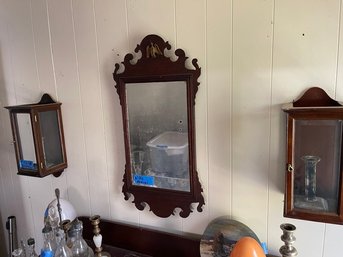 Antique Mirror And Pair Of Wall Sconces With Silverplate Candlesticks