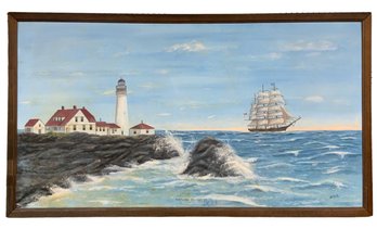 Large Five Foot Long Folk Art Oil On Board Of Portland Headlight Lighthouse Maine By A.R. Smith