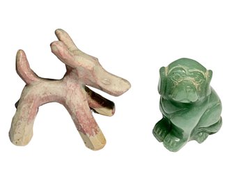 Pair Of Small Dog Figurines Jade? And Ceramic