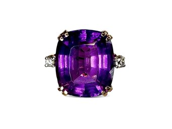 Large Amethyst Stone And Diamond Cocktail Ring 14K And Platinum