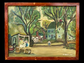 Framed Folk Art Village Oil Painting On Board R. Sherline