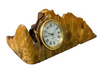 Carved Wood Burl Inset Quartz Clock